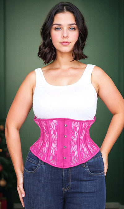Plus Size Underbust Fuchsia Mesh with Lace Waspie Corset