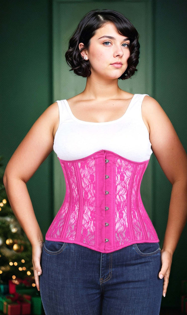 Underbust Fuchsia Mesh with Lace Long Corset