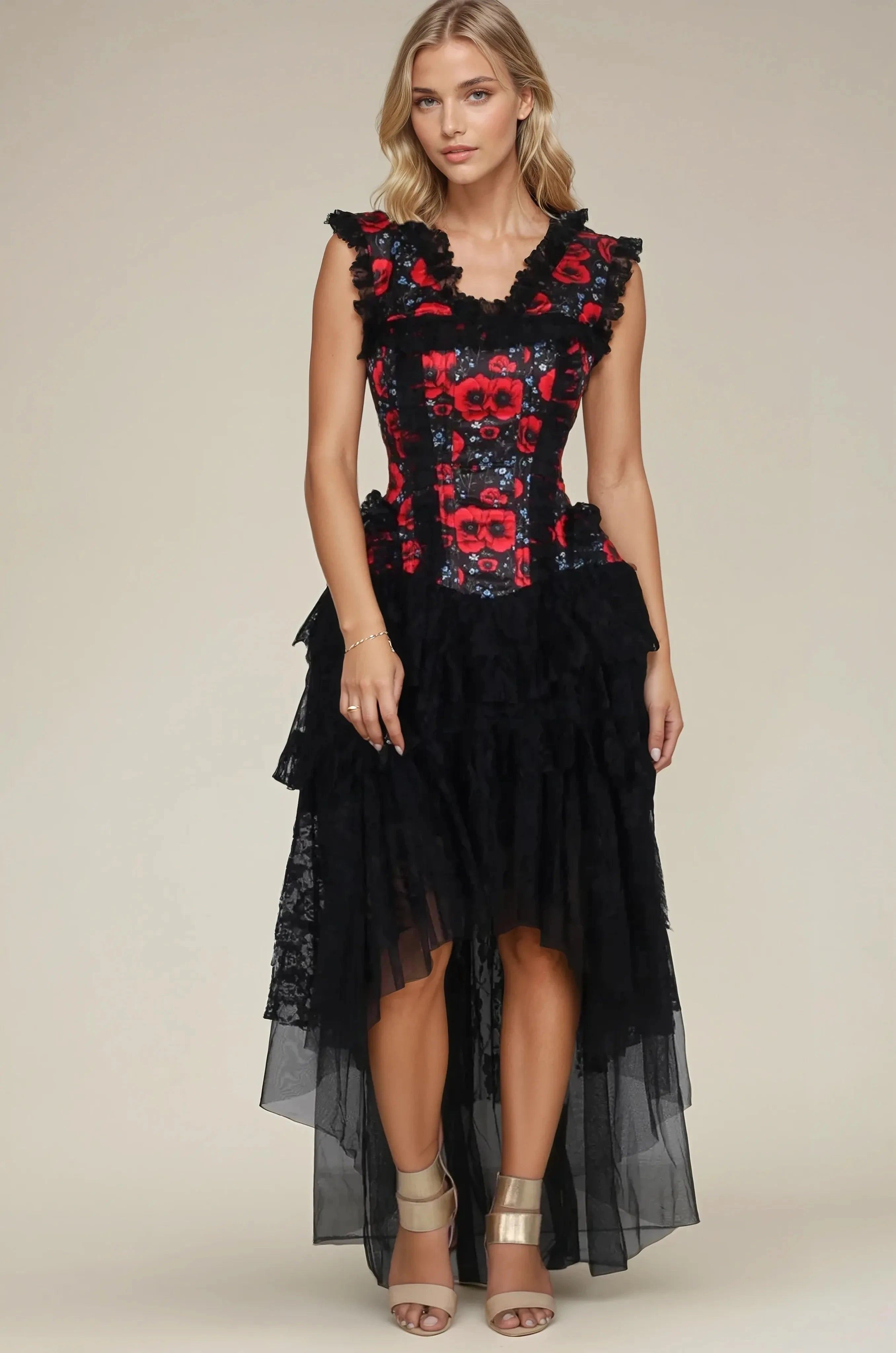 Kirra Digital Print Duchess Satin Steel Bones Floral Lace Corset Dress