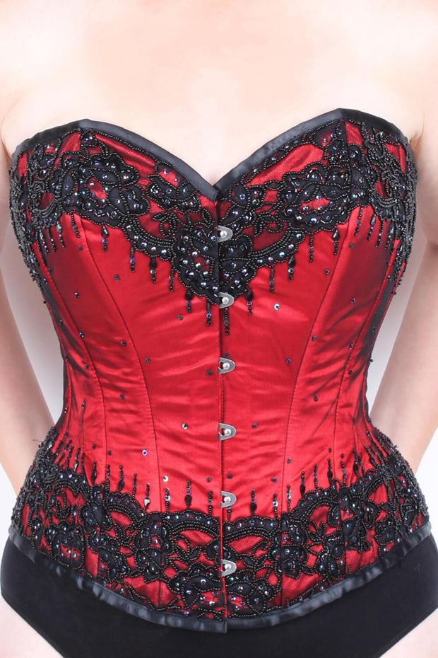Couture Corset, Embroidered Corset, Red Corset, Satin Corset