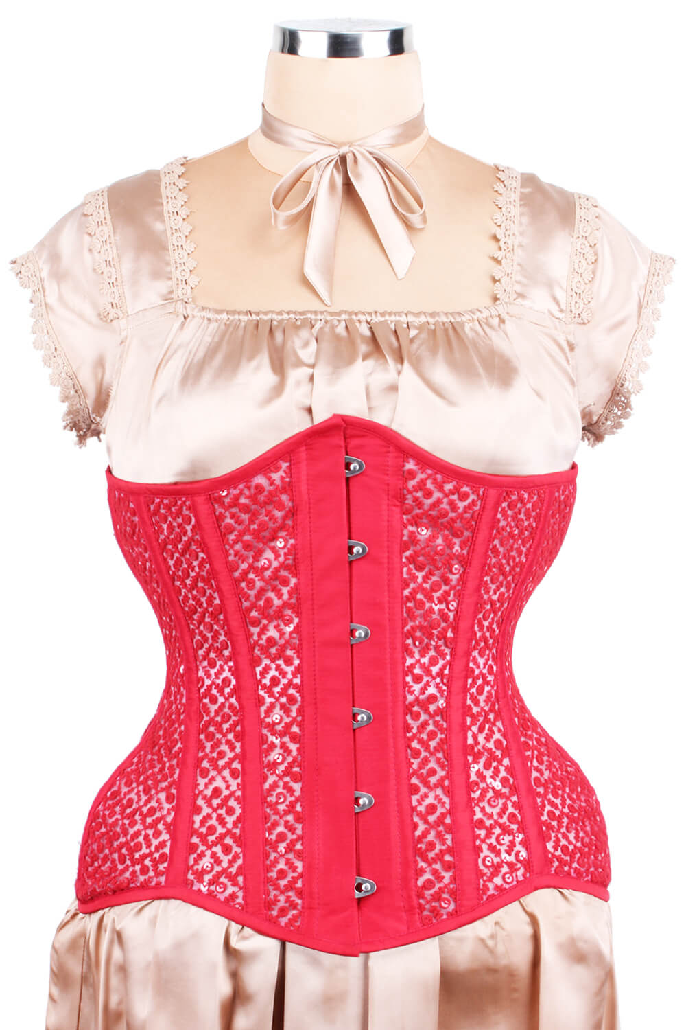 Mesh with Lace Overlay Custom Made Red Underbust Corset (ELC-102)