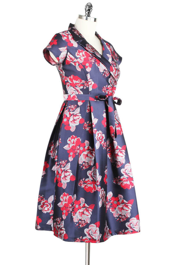 Elyzza London 1950s Jacquard Faux Wrap Flare Dress