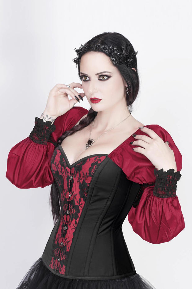 Overbust Custom Made Burlesque Burgundy Corset with Attached Sleeve