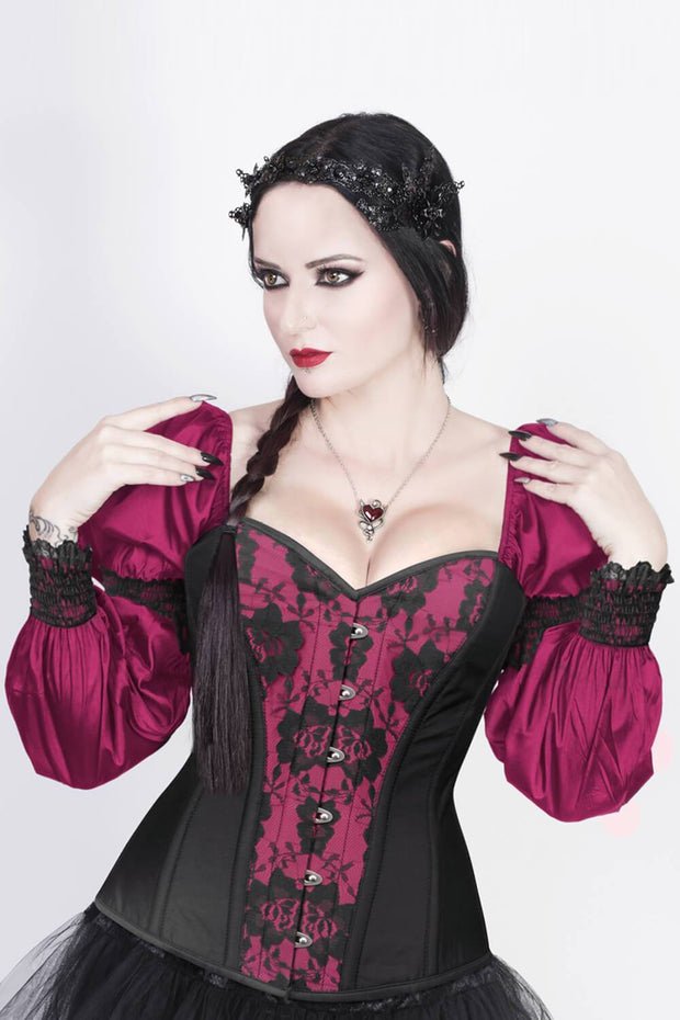 Overbust Custom Made Burlesque Magenta Corset with Attached Sleeve