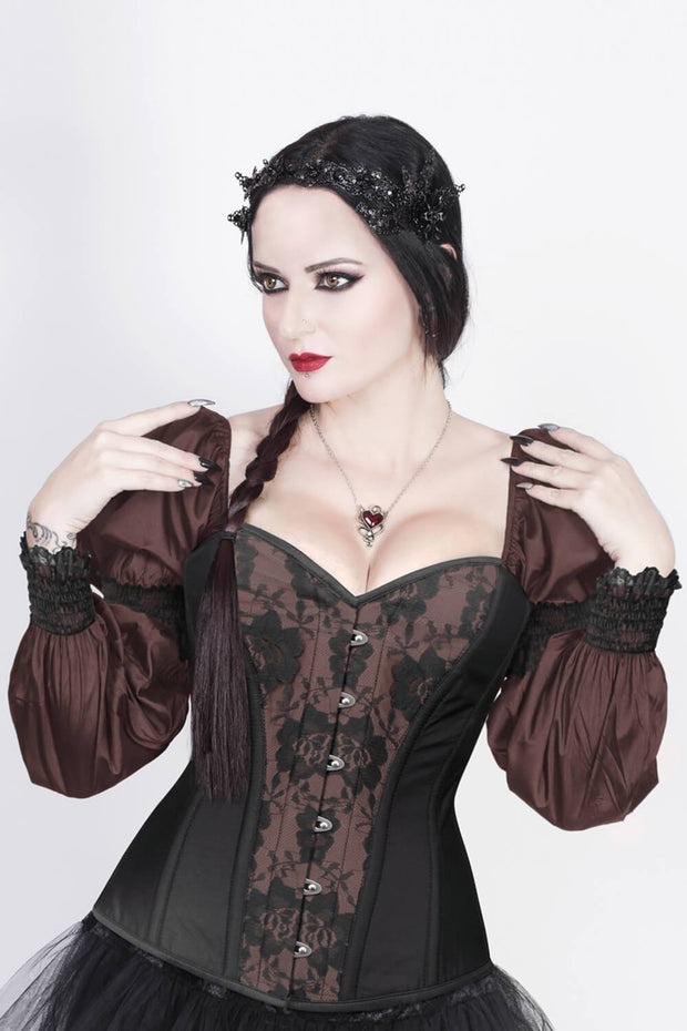 Overbust Custom Made Burlesque Brown Corset with Attached Sleeve